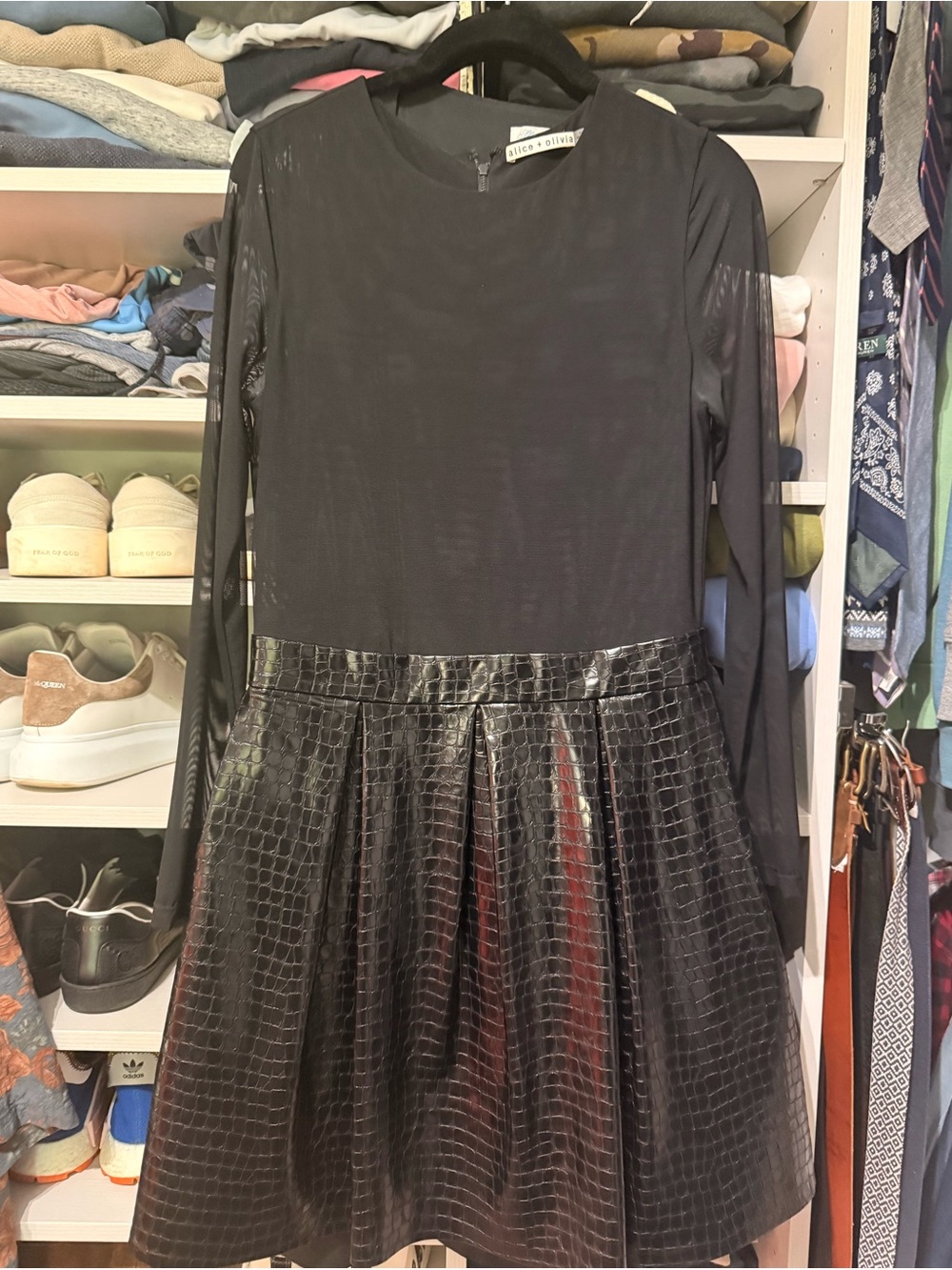 Alice + Olivia Black Long-Sleeve Faux-Leather Croc Skater Dress